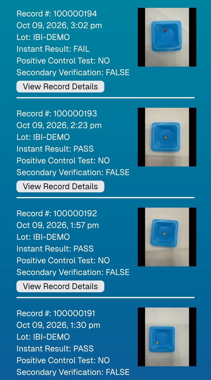 InstaTRU app test log showing records with date, lot number, pass or fail result and a photo of each indicator