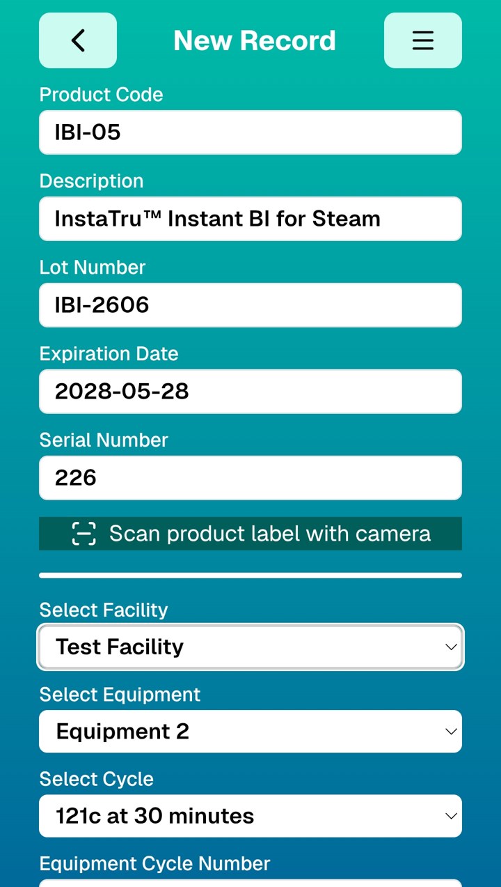 InstaTRU app New Record screen with product code, lot number and expiration date filled in, and a button to scan the product label with the camera