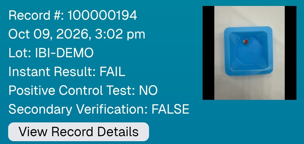 A single InstaTRU app record: record number, date and time, lot, instant result FAIL, and the photo of the indicator